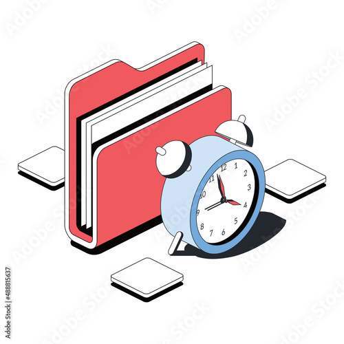 Folder time clock. Vector 3d sketch line isometric style, color icon illustration. Creative design idea and infographics elements.