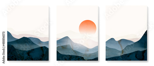 Landscape art background with mountains, hills and sun at sunset or sunrise. Posters with hills and rocks in earth tones for design, decor