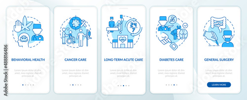Types of medical services blue onboarding mobile app screen. Patient care walkthrough 5 steps graphic instructions pages with linear concepts. UI, UX, GUI template. Myriad Pro-Bold, Regular fonts used