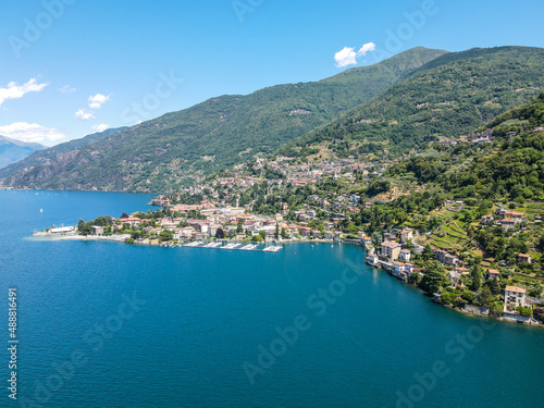 Aerial view of Bellano, panoramic view from the drone to the famous old Italy town of Como lake. Near Varenna and Lierna, Bellano is a small town in Como, near Lecco, in Lombardia.