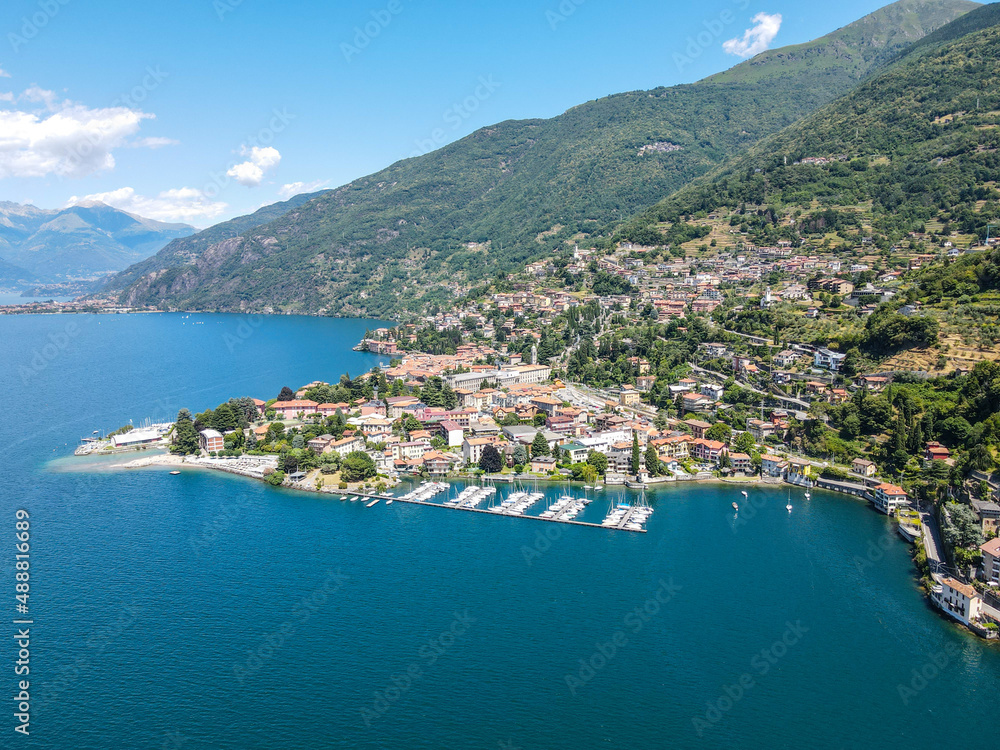 Aerial view of Bellano, panoramic view from the drone to the famous old Italy town of Como lake. Near Varenna and Lierna, Bellano is a small town in Como, near Lecco, in Lombardia.