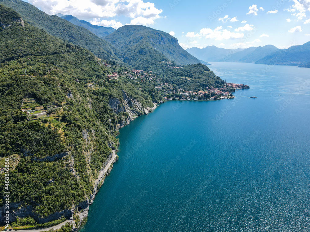 Aerial view of Bellano, panoramic view from the drone to the famous old Italy town of Como lake. Near Varenna and Lierna, Bellano is a small town in Como, near Lecco, in Lombardia.