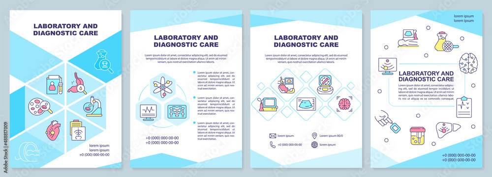 Laboratory and diagnostic care blue brochure template. Medical service. Leaflet design with linear icons. 4 vector layouts for presentation, annual reports. Arial-Black, Myriad Pro-Regular fonts used