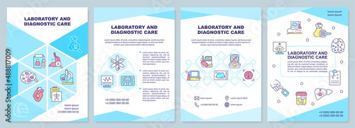 Laboratory and diagnostic care blue brochure template. Medical service. Leaflet design with linear icons. 4 vector layouts for presentation, annual reports. Arial-Black, Myriad Pro-Regular fonts used