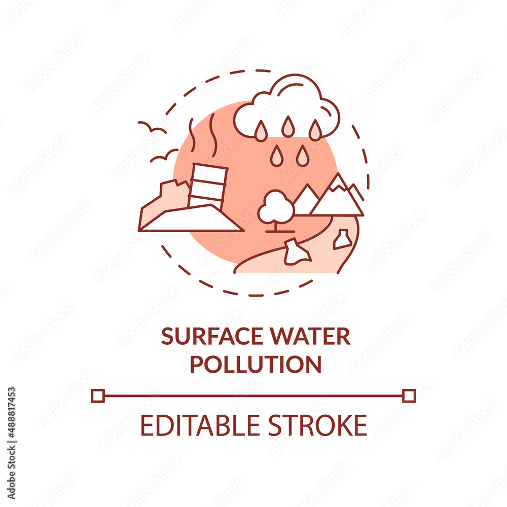 Surface water pollution terracotta concept icon. Damaged ecosystem abstract idea thin line illustration. Isolated outline drawing. Editable stroke. Arial, Myriad Pro-Bold fonts used Surface water pollution terracotta concept icon. Damaged ecosystem abstract idea thin line illustration. Isolated outline drawing. Editable stroke. Arial, Myriad Pro-Bold fonts used