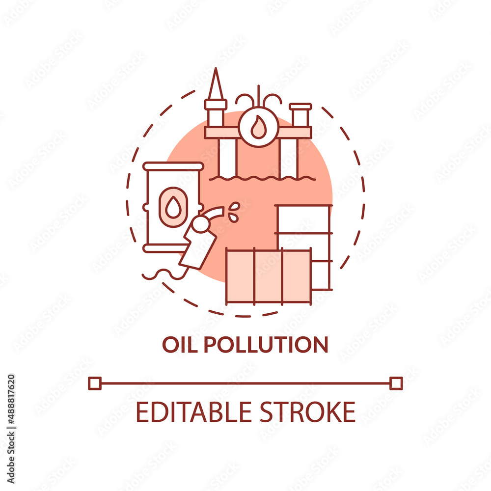 Oil pollution terracotta concept icon. Water pollution cause abstract idea thin line illustration. Dangerous disaster. Isolated outline drawing. Editable stroke. Arial, Myriad Pro-Bold fonts used