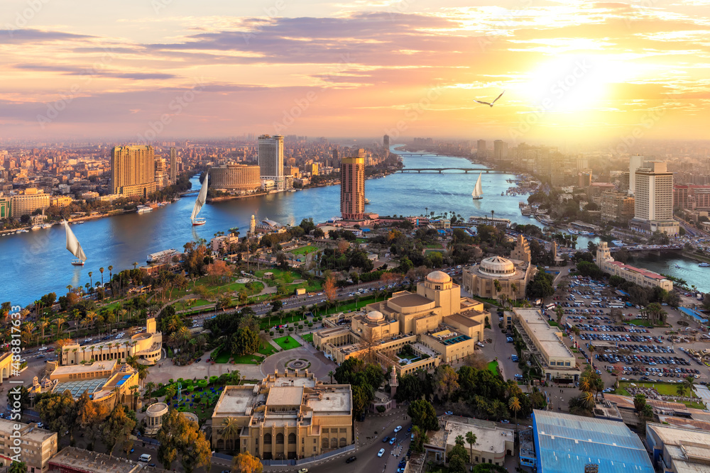 Aerial view on the downtown of Cairo and the Nile at sunset, Egypt