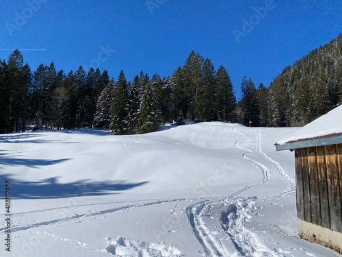 Wonderful winter hiking trails and traces on the slopes of the Alpstein mountain range and in the fresh alpine snow cover of the Swiss Alps - Alt St. Johann, Switzerland (Schweiz) © Mario