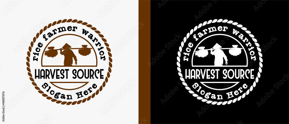 rice farmer logo design template or person carrying rice with silhouette in vintage style. premium vector logo illustration