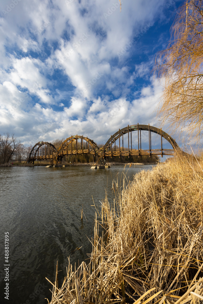 Fototapeta premium Wooden bridge in Balaton-felvideki nature reserve, Kis-Balaton, Transdanubia, Hungary