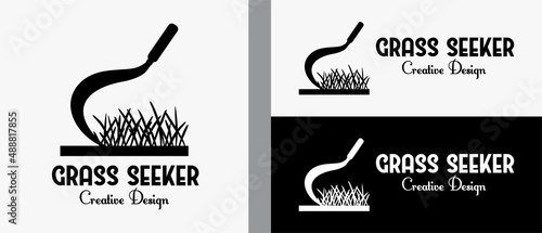 sickle logo design template sticking with grass icon in creative concept. premium vector logo illustration