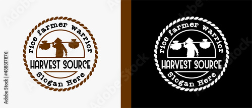 rice farmer logo design template or person carrying rice with silhouette in vintage style. premium vector logo illustration