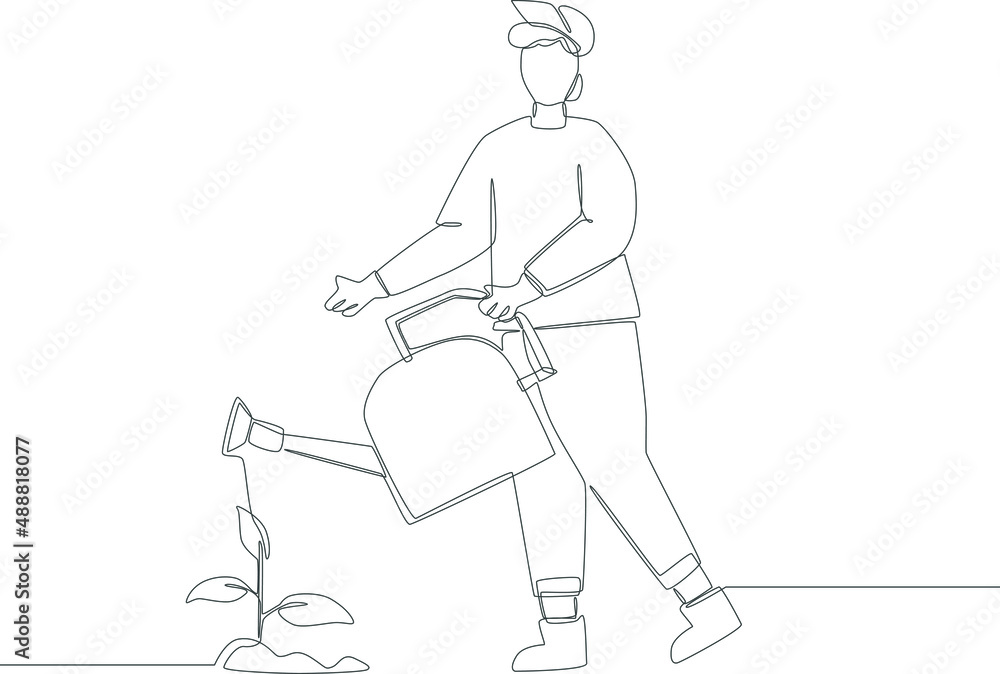 Pict of someone taking care of and watering plants with water regularly in black and white background. Gardening and planting vector icons. Garden. Garden tools. Garden activity. Vector illustration.
