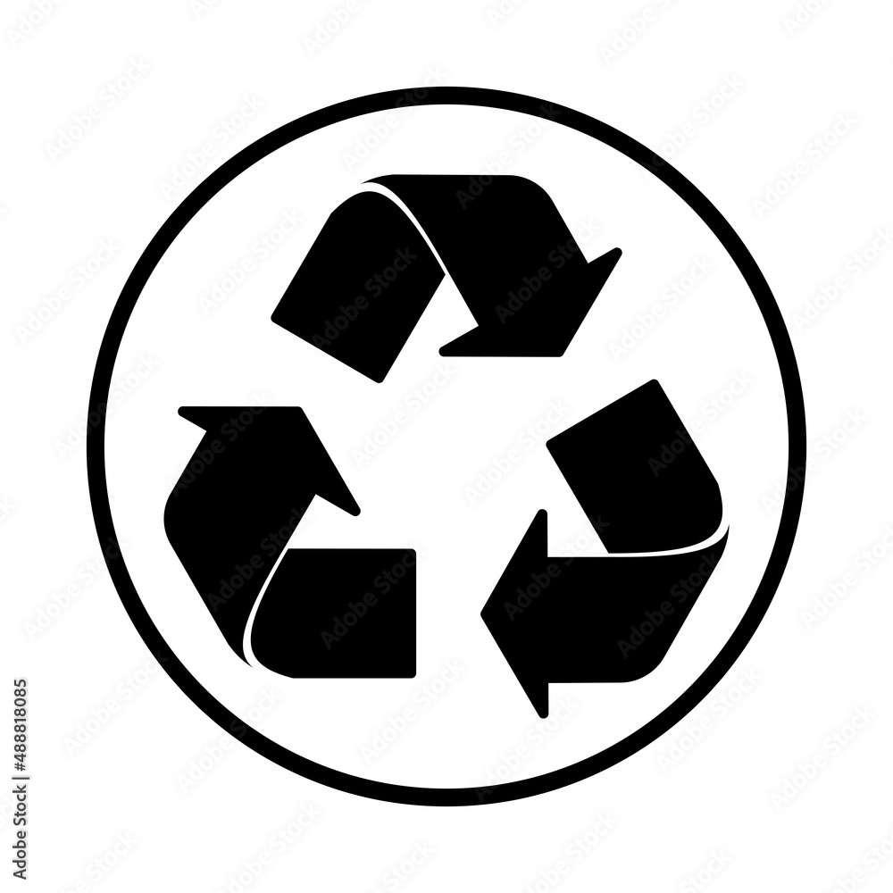 Recycling sign on a white background. Black arrows move in a circle and are located on a white circle with a black outline. Environment protection. Recycling sign on a white background. Black arrows move in a circle and are located on a white circle with a black outline. Environment protection.