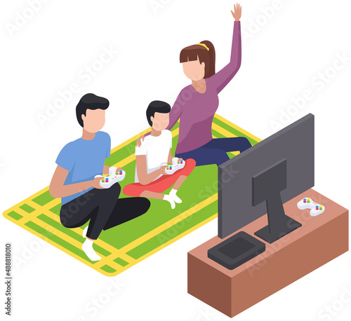 Family game concept, parents with kid play video game with tv screen holding gamepad controller. People and videogame with playstation. Entertainment for adults and children with modern digital device