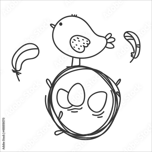 spring easter bird in a nest with eggs cartoon