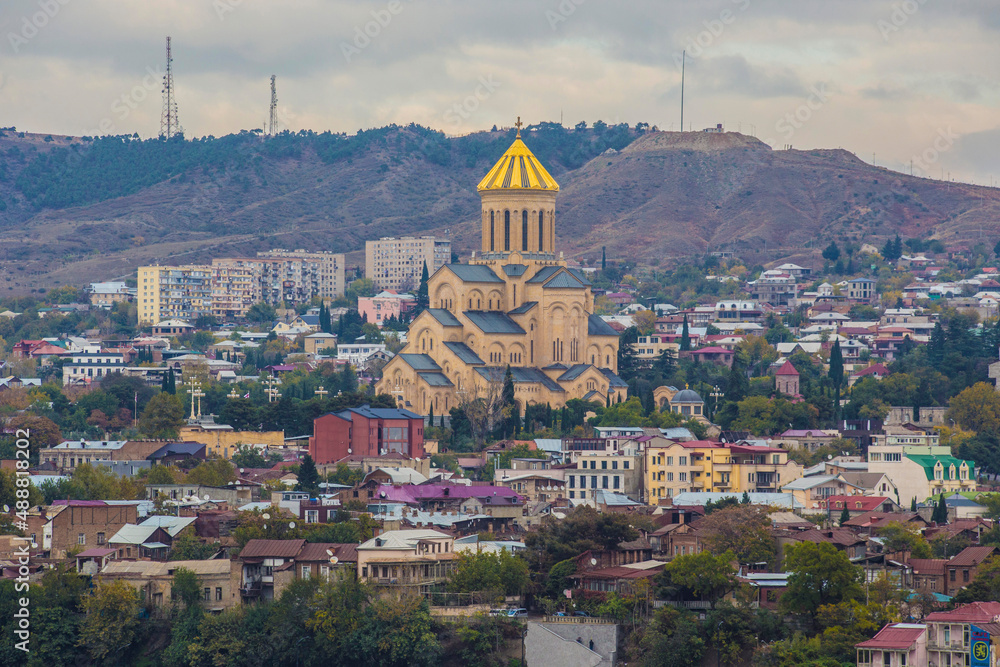 2018: View of Tsminda Sameba Cathedral from Narikala Fortes in Tbilisi, Georgia