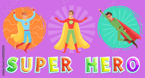 Strong super male smiles and flies to save world stretched out his hand. Brave character in superhero costume with cloak on white background. Cartoon person hurries to protects people from villains
