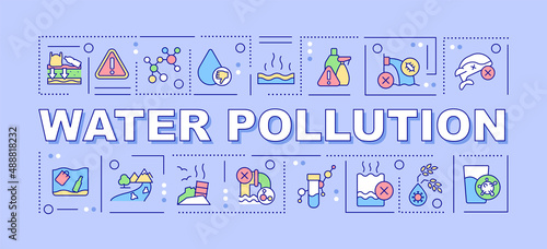 Water pollution word concepts purple banner. Groundwater contamination. Infographics with icons on color background. Isolated typography. Vector illustration with text. Arial-Black font used