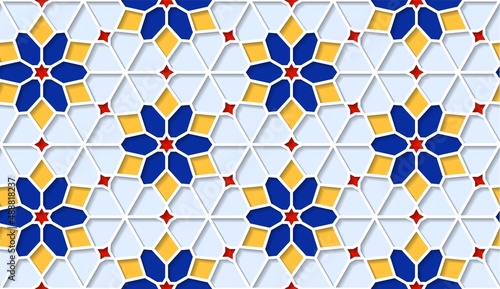 Arabic seamless girih pattern with classic islamic culture ornament. Colorful tiled background with shadow. photo