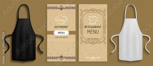 Black and white apron next to piece of paper menu. Clothes for work in kitchen, protective element of clothing for cooking. Apron for cooking in kitchen and protection of clothes near restaurant menu