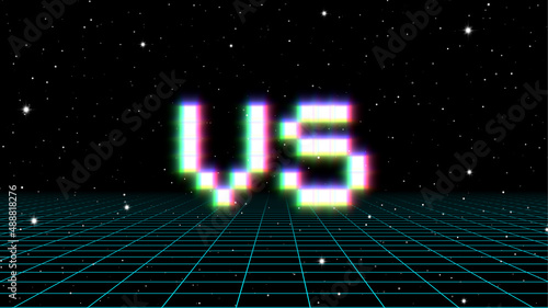 Versus sign with arcade game style with pixel letters over synthwave landscape. 80s styled VS emblem for competition poster.