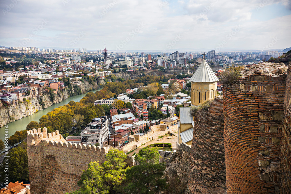 Aerial view of Old Tbilisi from Narikala Fortes. Sunny day in Tbilisi, Georgia