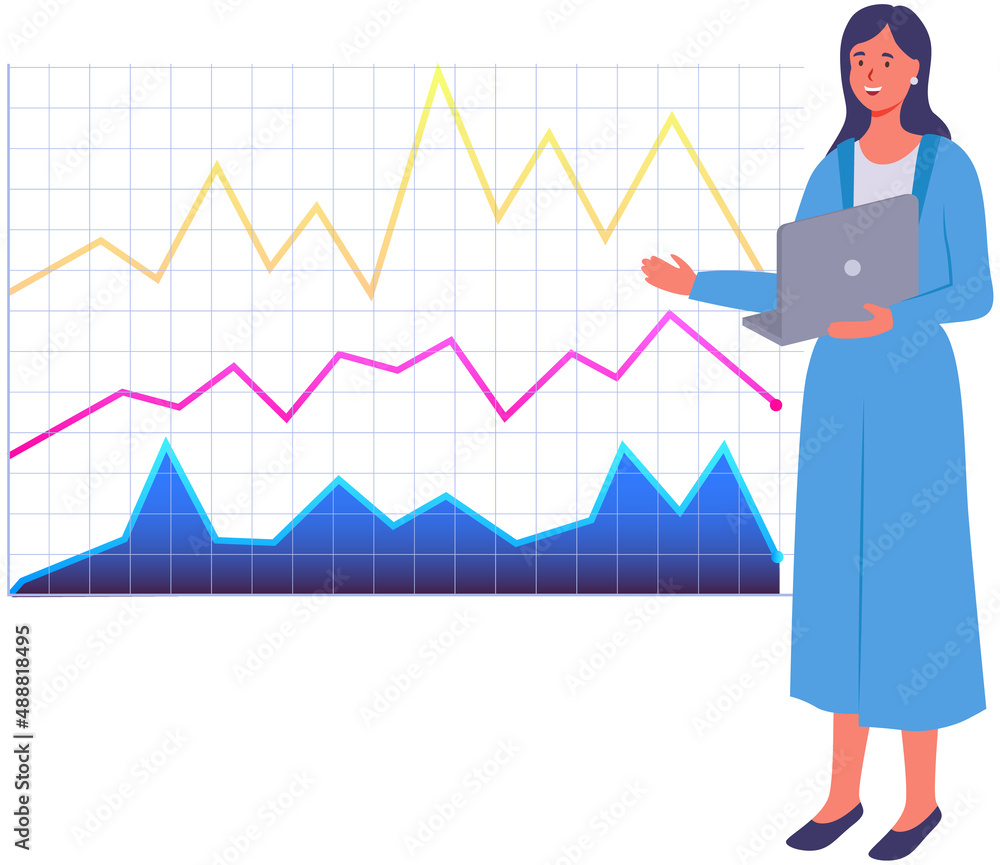 Woman studies statistics on presentation. Female character while working or studying with report. Girl working and analyzing financial statistics. Female marketer examines information about metrics Woman studies statistics on presentation. Female character while working or studying with report. Girl working and analyzing financial statistics. Female marketer examines information about metrics