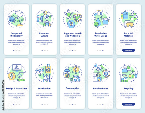 Circular economy strategies onboarding mobile app screen set. Recycling walkthrough 5 steps graphic instructions pages with linear concepts. UI, UX, GUI template. Myriad Pro-Bold, Regular fonts used