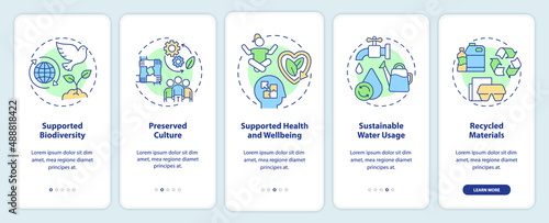Pillars of circular economy onboarding mobile app screen. Sustainability walkthrough 5 steps graphic instructions pages with linear concepts. UI, UX, GUI template. Myriad Pro-Bold, Regular fonts used