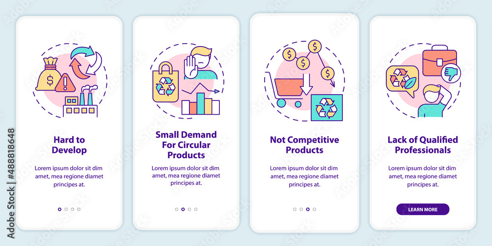 Barriers of circular economy onboarding mobile app screen. Small demand walkthrough 4 steps graphic instructions pages with linear concepts. UI, UX, GUI template. Myriad Pro-Bold, Regular fonts used