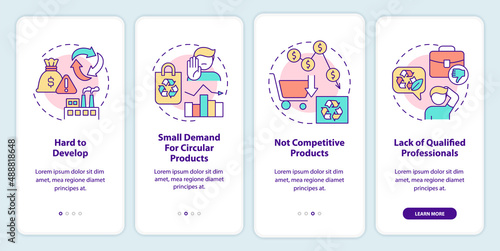 Barriers of circular economy onboarding mobile app screen. Small demand walkthrough 4 steps graphic instructions pages with linear concepts. UI, UX, GUI template. Myriad Pro-Bold, Regular fonts used