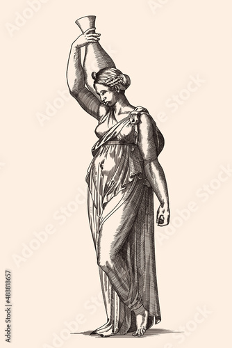 A young slender ancient Greek woman in tunic with a jug in her hand