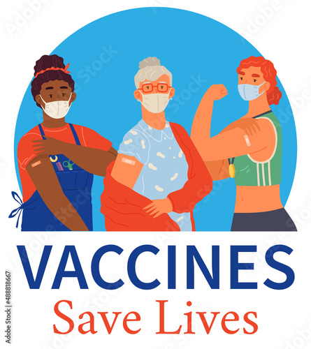Stop coronavirus agitation concept. Vaccination promo, immunization of workers. Vaccine saves lives. People wearing protective mask showing their arm with bandage after receiving covid-19 vaccine