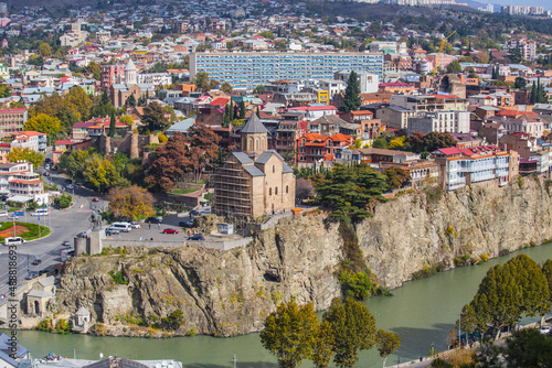 Aerial view of Old Tbilisi from Narikala Fortes. Sunny day in Tbilisi, Georgia