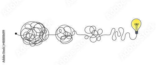 Complex messy connected lines as concept of chaos solving. Process of problem simplifying in mind. Vector illustration of confusion to clarity step by step, business solution idea searching