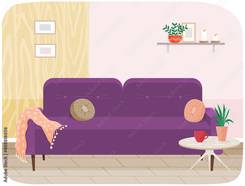Naklejka premium Living room furniture design, modern home interior elements. Contemporary furniture for living room or home office. Sofa with pillows. Modern sofa place to relax