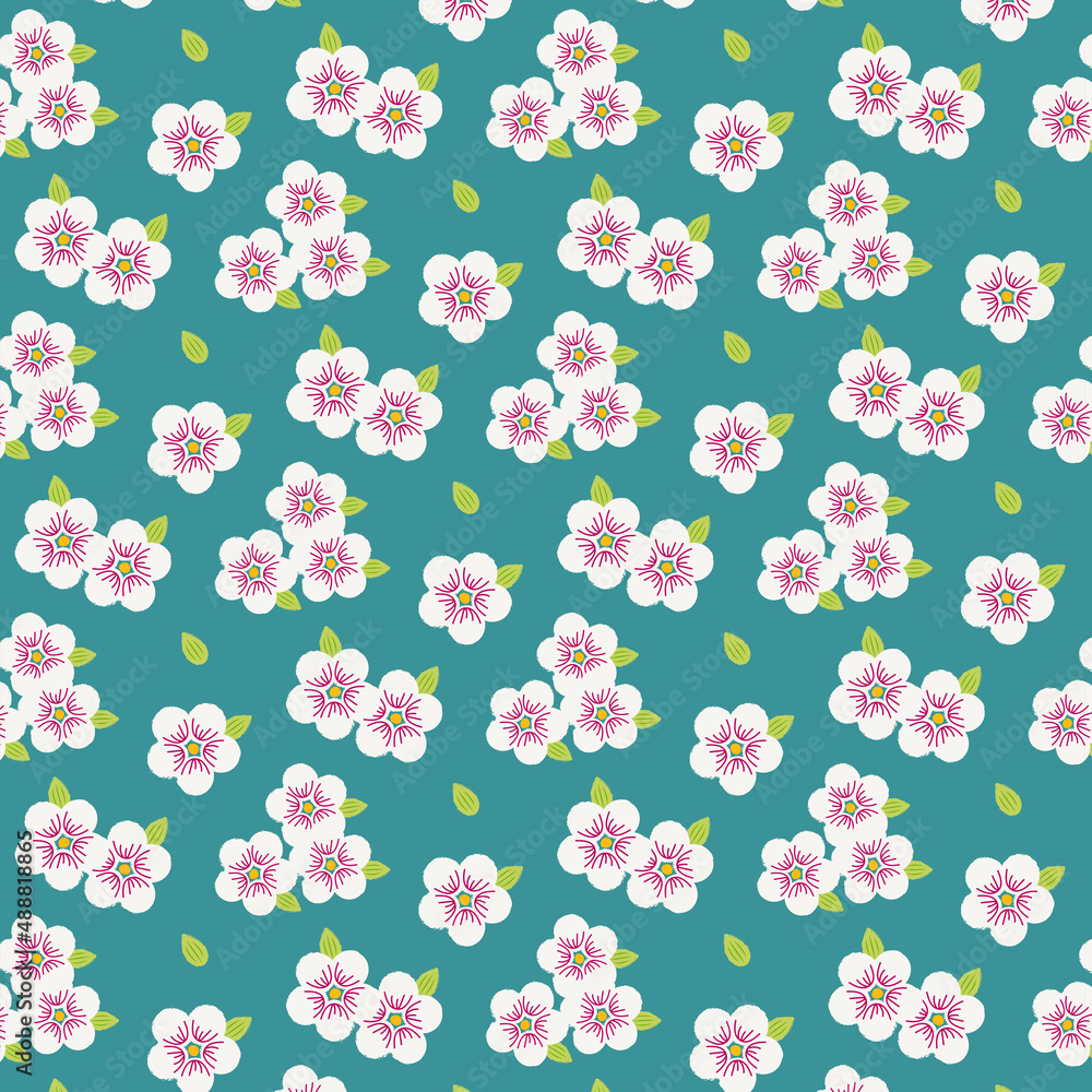 Floral pattern in flat style with pencil texture on a turquoise background 