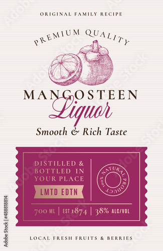 Family Recipe Mangosteen Liquor Acohol Label. Abstract Vector Packaging Design Layout. Modern Typography Banner with Hand Drawn Fruit with a Half Silhouette Logo and Background Isolated