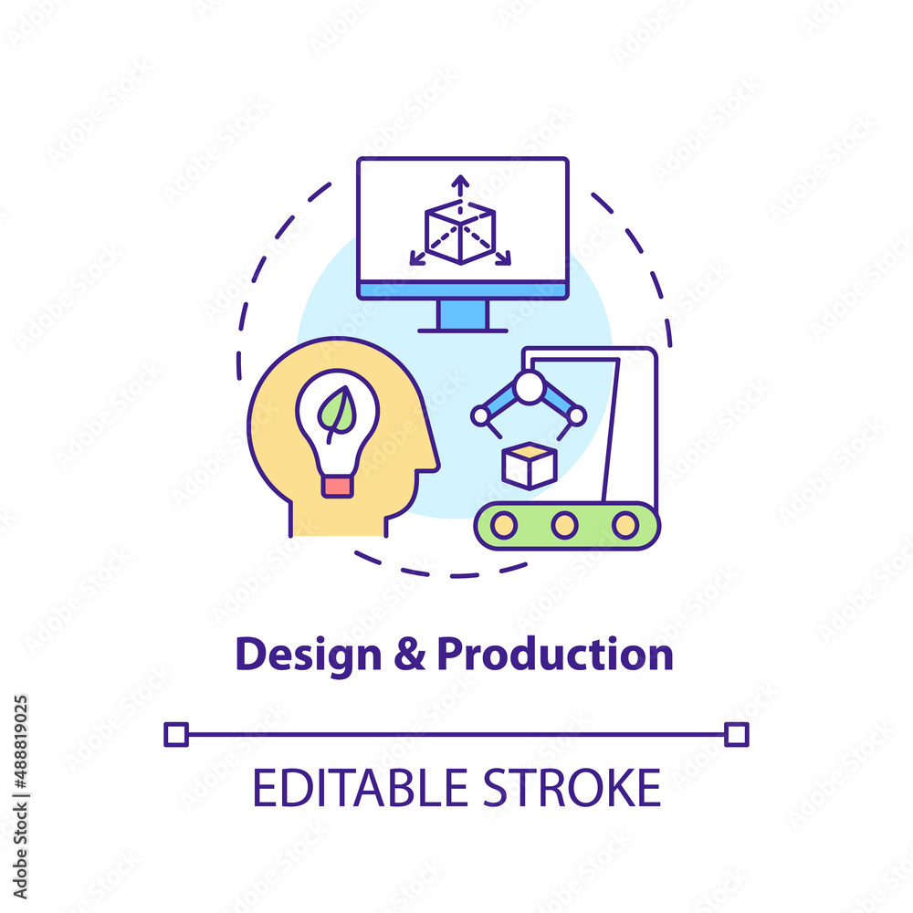 Design and production concept icon. Circular economy process abstract idea thin line illustration. Sustainable development. Isolated outline drawing. Editable stroke. Arial, Myriad Pro-Bold fonts used Design and production concept icon. Circular economy process abstract idea thin line illustration. Sustainable development. Isolated outline drawing. Editable stroke. Arial, Myriad Pro-Bold fonts used