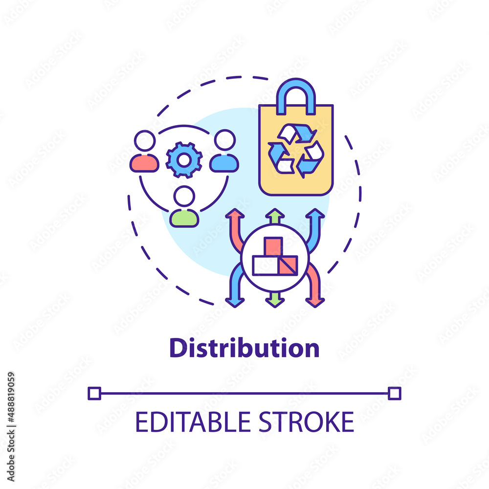 Distribution concept icon. Step to circular economy abstract idea thin line illustration. Eco-friendly items delivery. Isolated outline drawing. Editable stroke. Arial, Myriad Pro-Bold fonts used Distribution concept icon. Step to circular economy abstract idea thin line illustration. Eco-friendly items delivery. Isolated outline drawing. Editable stroke. Arial, Myriad Pro-Bold fonts used