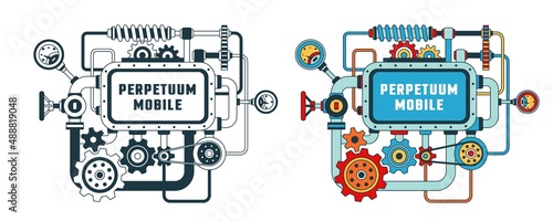 Device from various mechanical parts with frame for text. Steampunk machine with gears, pipes and screen for text. Perpetual motion machine. Vector image