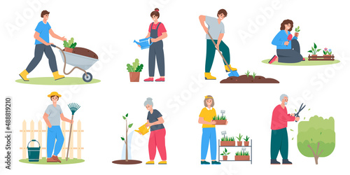 Set of gardening people - watering, planting, growing and transplanting sprouts. Gardeners or farmers agricultural workers work in garden or sity park. Flat or cartoon vector illustration.