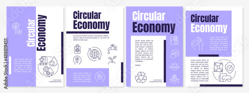 Sustainable circular economy purple brochure template. Waste management. Leaflet design with linear icons. 4 vector layouts for presentation, annual reports. Anton, Lato-Regular fonts used