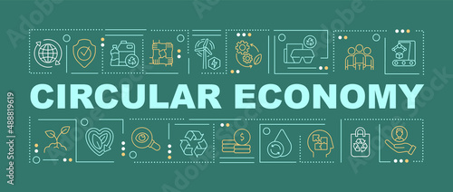 Circular economy solutions word concepts dark green banner. Sustainability. Infographics with icons on color background. Isolated typography. Vector illustration with text. Arial-Black font used