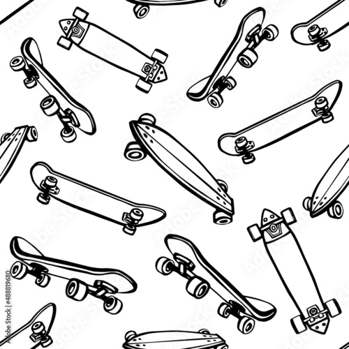 Seamless pattern with 4 doodle skateboards. Background for teen boys and girls with skateboard or longboard. Outline drawing icon sketch in minimal style.