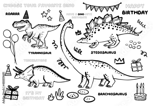 Cute dinosaur birhday doodle dino baby party bundle. Funny Dino collection. Textile nursery design for baby boy on white background. Cartoon monster vector illustration.
