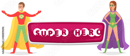 Strong super man and super woman smiles and flies to save world stretched out his hand. Brave character in superhero costume with cloak. Cartoon person hurries to protects people from villains