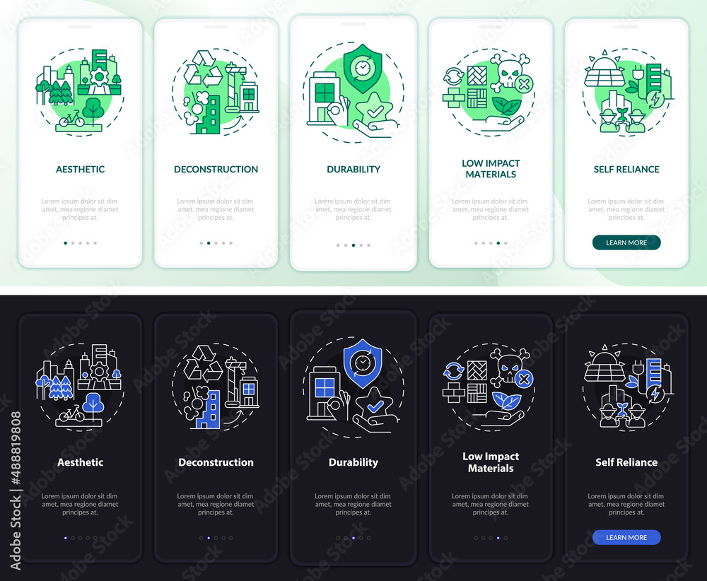 Sustainable city design night and day mode onboarding mobile app screen. Walkthrough 5 steps graphic instructions pages with linear concepts. UI, UX, GUI template. Myriad Pro-Bold, Regular fonts used