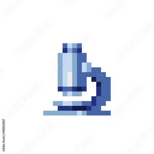 Microscope pixel art icon. Isolated vector flat illustration. Biology science education medical. Design for stickers, logo and mobile app. Game assets 8-bit sprite. Laboratory equipment.